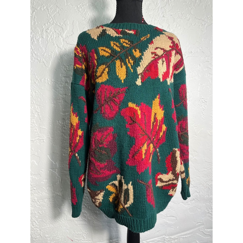 Vintage Copper Key Floral Ramie Cotton Sweater M Green Cottagecore